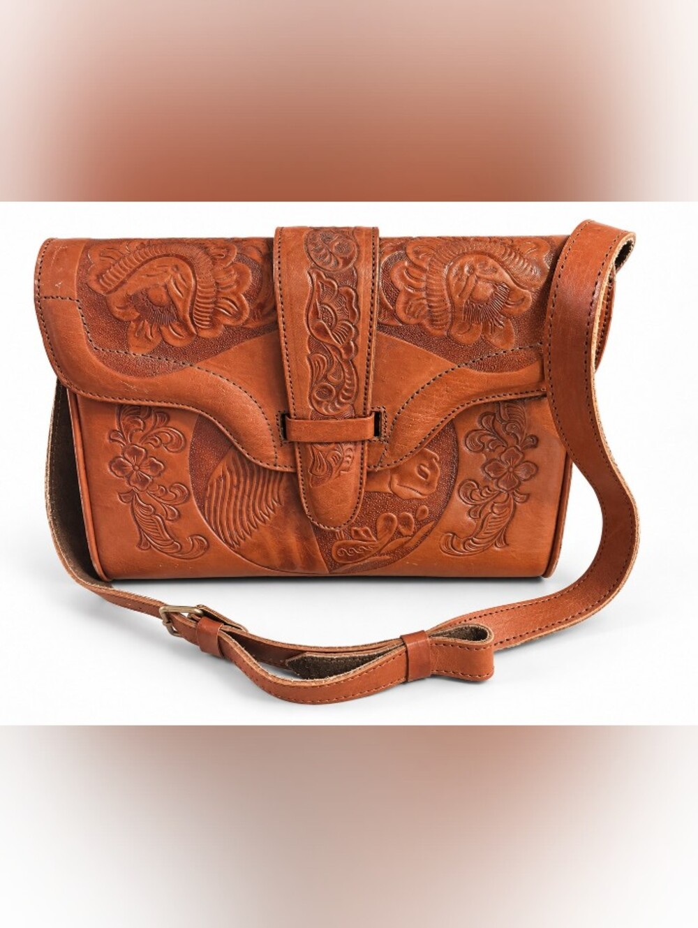 Vintage Tooled Leather Horse Western Shoulder Bag